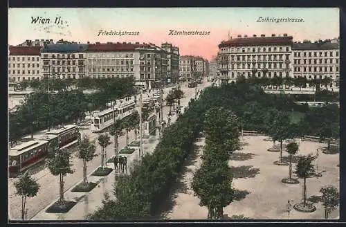 AK Wien, Kärntnerstrasse mit Strassenbahnen, Friedrichstrasse, Lothringerstrasse