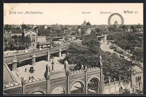 AK Wien, Blick vom Nordbahnhof mit Rotunde und Riesenrad