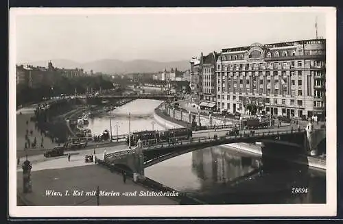 AK Wien, Strassenbahn, Kai mit Marien- und Salztorbrücke