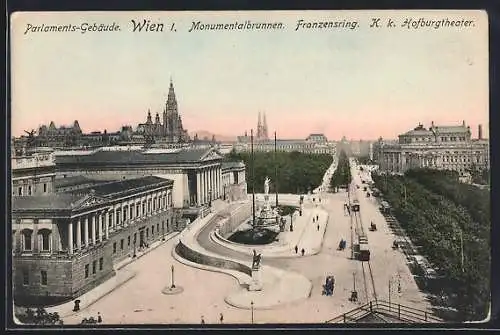 AK Wien, Franzensring mit Strassenbahnen und Monumentalbrunnen aus der Vogelschau, Parlament, Hofburg