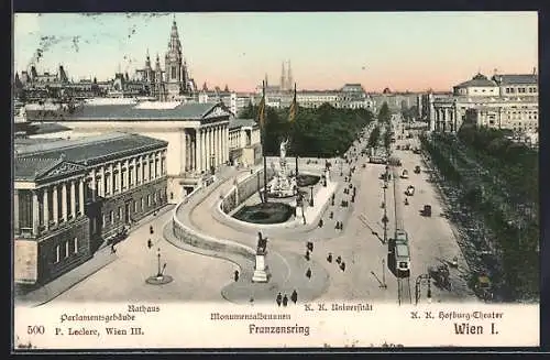 AK Wien, Franzensring mit Parlamentsgebäude, Universität und Hofburg-Theater