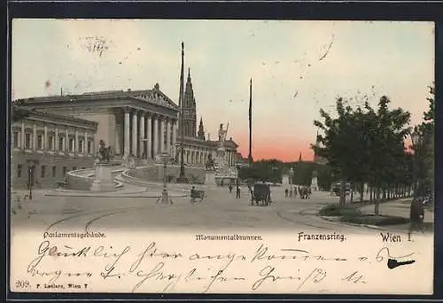 AK Wien, Parlamentsgebäude, der Monumentalbrunnen am Franzensring