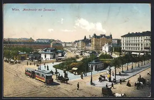 AK Wien, Naschmarkt mit Strassenbahn