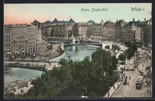 AK Wien, Franz Josefs-Quai mit Brücken und Strassenbahnen