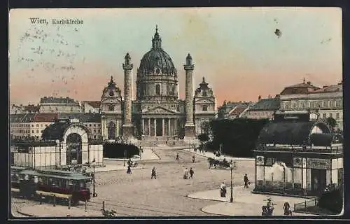 AK Wien, Strassenbahn vor der Karlskirche