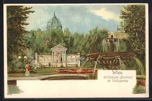 Lithographie Wien, Das Grillparzer Denkmal und Brunnen im Volksgarten