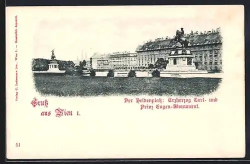 AK Wien, Der Heldenplatz mit Erzherzog Carl- und Prinz Eugen-Monument