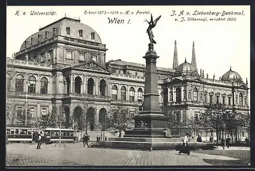 AK Wien, K.k. Universität, Liebenberg-Denkmal und Strassenbahn