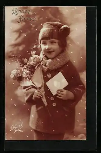 Foto-AK Bleuet Paris: Kind mit Blumenstrauss im Schnee, Neujahrsgruss