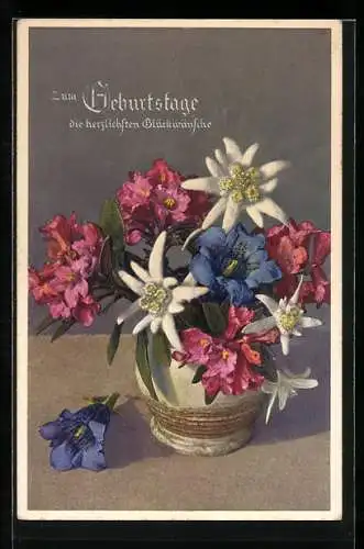 Foto-AK Emanuel Gyger: Edelweiss und Alpenrosen in einer Vase