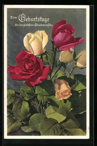 Foto-AK Emanuel Gyger: Rote und gelbe Rosen mit Geburtstagsgruss