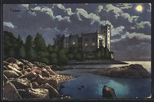 AK Trieste, Miramar, Schloss bei Nacht