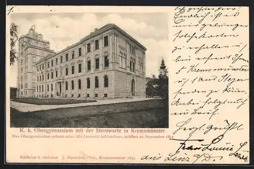 AK Kremsmünster, K. k. Obergymnasium mit Sternwarte