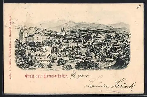 Künstler-AK Kremsmünster, Panoramablick auf Ort und Berge