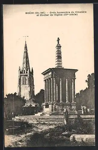 AK Moëze, Croix hosannière du cimetière et clocher de l`église, XVe siècle