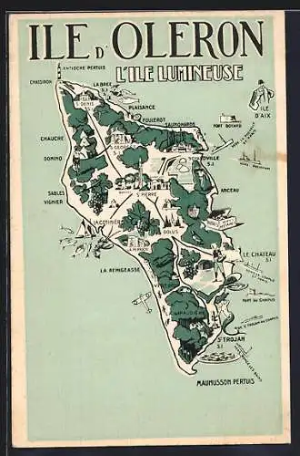 AK Île d`Oléron, Carte illustrée de l`île avec ses principales localités et sites touristiques