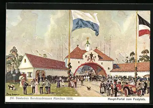 Künstler-AK Claus Bergen: München, XV. Deutsches Bundesschiessen 1906, Haupt-Portal zum Festplatz