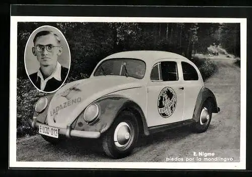 AK Auto VW-Käfer von E. Nigmo mit Esperanto Reklame