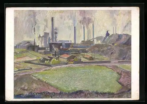 Künstler-AK Kohlenzeche mit Nebenprodukten-Gewinnung der ARAL-Tankstelle