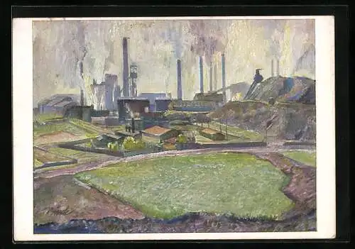 Künstler-AK Kohlenzeche mit Nebenprodukten-Gewinnung der ARAL-Tankstelle