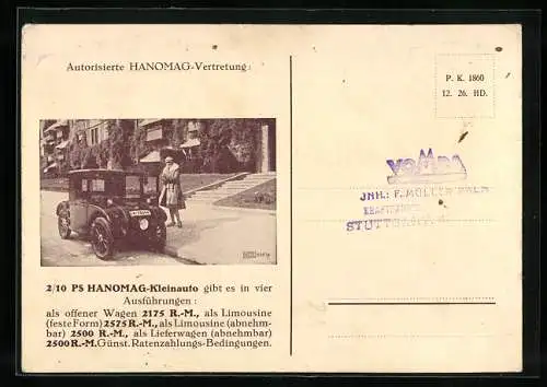 AK Auto 2 /10 PS Hanomag-Kleinauto, Reklame