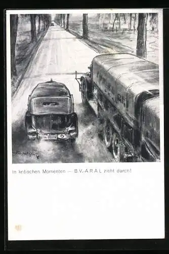Künstler-AK Reklame für B.V.-Aral Kraftstoff, Auto beim Überholvorgang