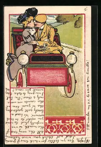 Lithographie Rotes Automobil, Liebespaar darin beim Kuss