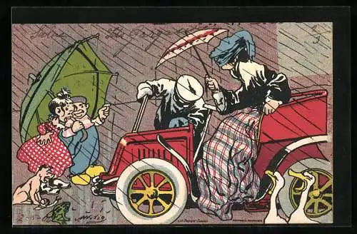 Künstler-AK Auto im Regen, elegante Dame ist durchnässt, Kinder feixen
