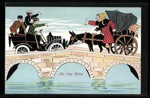 AK Les cinq Tetus, Autofahrer und Bäuerin im Fuhrwerk streiten um die Vorfahrt