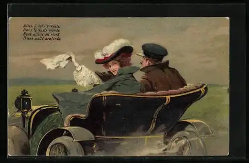 AK Dame winkt zum Abschied aus dem Auto heraus