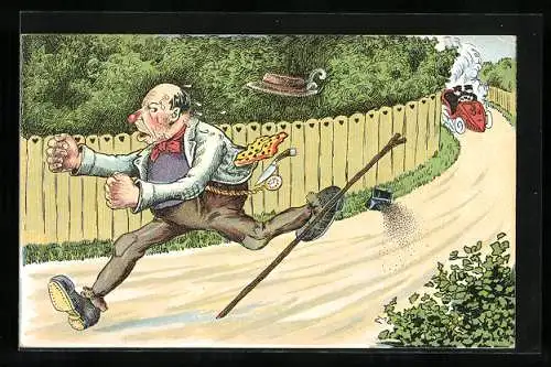 Lithographie Wanderer flieht vor dem heranbrausenden Auto