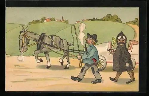 AK Esel zieht das kaputte Auto, Bauer und betrübter Fahrer laufen nebenher