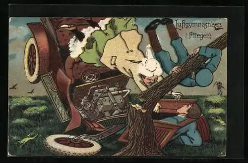 AK Luftgymnastiker, gegen ein Baum gefahrenes Auto