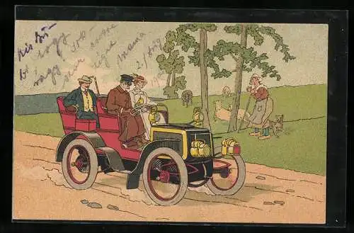 Künstler-AK Schäferin erschrickt über ein vorbeirasendes Auto