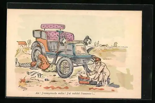 Künstler-AK Auto mit Panne, Fahrer bei der Reparatur
