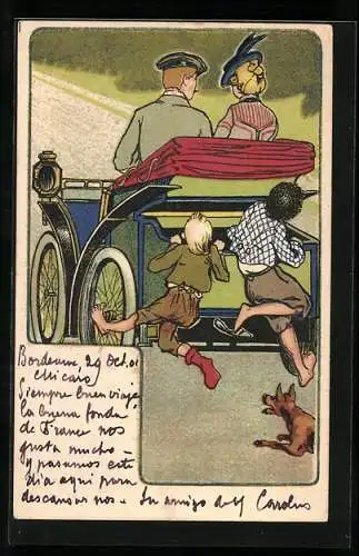 Künstler-AK Knaben klettern als blinde Passagiere in den Kofferraum eines Autos