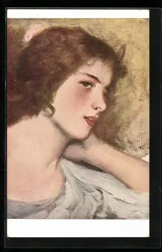 Künstler-AK G. Hirth`s Verlag, Serie: XIV, 6., Junge Frau in nachdenklicher Pose