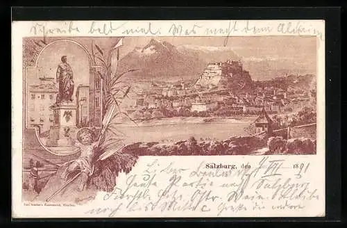 Vorläufer-Lithographie Salzburg, 1891, Totalansicht mit Hohensalzburg, Denkmal