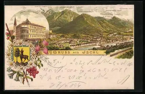 Vorläufer-Lithographie Ischl, 1894, Hotel Elisabeth, Stadtpanorama mit Hochjoch und Höllengebirge