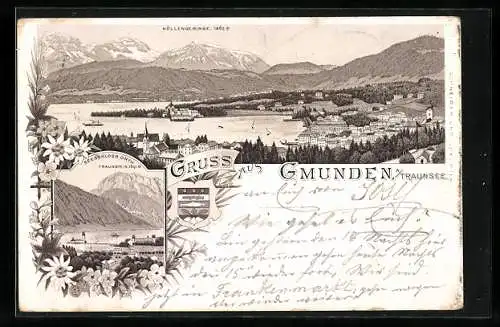 Vorläufer-Lithographie Gmunden a. Traunsee, 1895, Seeschloss Orth, Traunstein, Panorama mit Höllengebirge