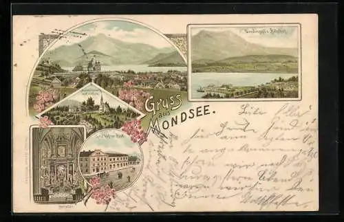 Vorläufer-Lithographie Mondsee, 1895, Gasthof zur Post, Mariahilferberg mit Kirchlein, Landungsplatz und Bahnhof