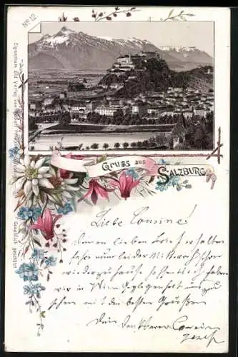 Vorläufer-Lithographie Salzburg, 1895, Stadtpanorama im Edelweiss-Passepartout