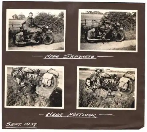 4 Fotografien auf Albumseite Ansicht Skegness, englisches Paar mit Douglas Motorrad auf Tour, Kennzeichen BDA 90, 1937