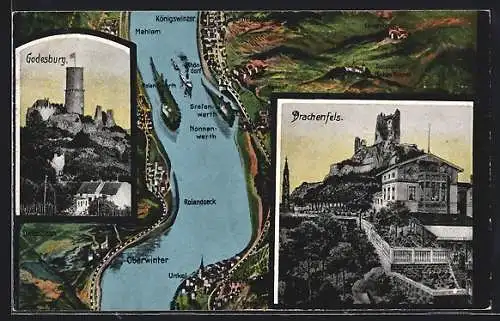 AK Godesburg, Burg, Drachenfels und Landkarte der Umgebung