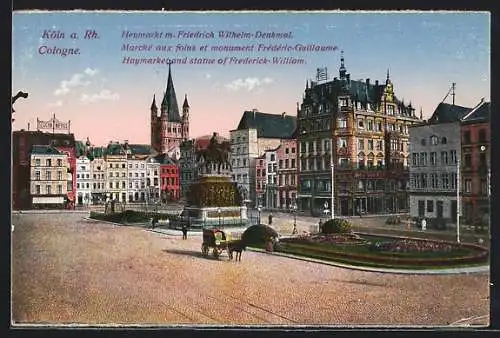 AK Köln, Heumarkt mit Friedrich Wilhelm-Denkmal, Pferdewagen