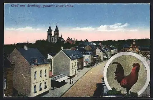 AK Arenberg, Teilansicht mit Kirche, roter Hahn