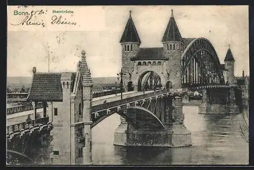 AK Bonn, Rheinbrücke mit Passanten