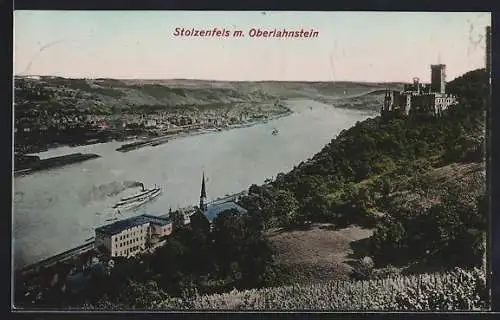 AK Stolzenfels, Ansicht mit Oberlahnstein und Dampfer