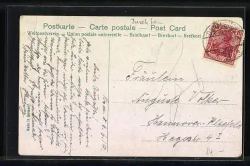 AK Maikäfer betrachtet Maiglöckchen durch eine Lupe, Pfingstgruss