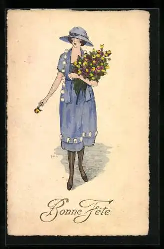 Künstler-AK Junge Dame im blauen Kleid mit blauem Hut und einem Blumenstrauss, Mode